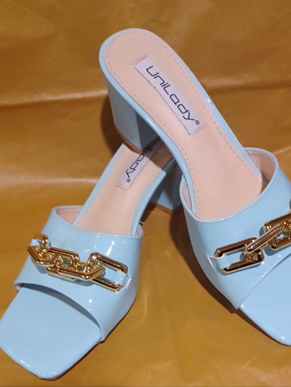 Light Blue Patent Block Heel Slide with Gold Chain